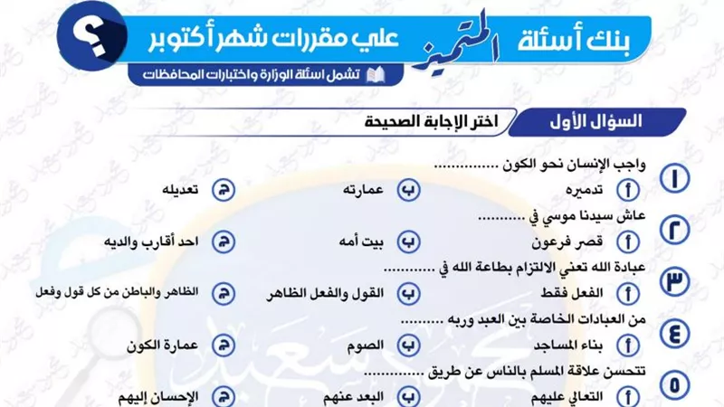 180 سؤالا واجابتهم على مقرر شهر أكتوبر للتربية الاسلامية للصف الخامس الابتدائي