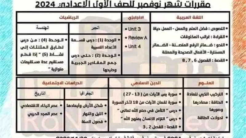 ننشر مقررات شهر نوفمبر بجميع المواد للأول الاعدادي