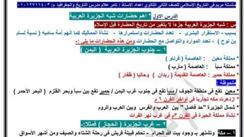 تلخيص منهج الترم الاول في التاريخ لثانية ثانوي