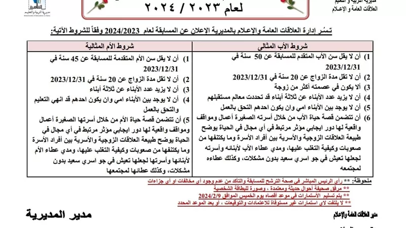 تعليم القاهرة تطلق مسابقة الأم المثالية والأب المثالى لعام 2024