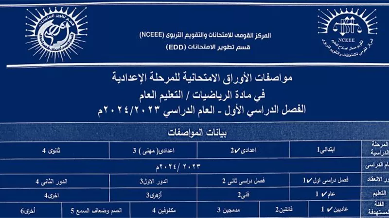 مواصفات امتحان الرياضيات للمرحلة الاعدادية -ترم أول